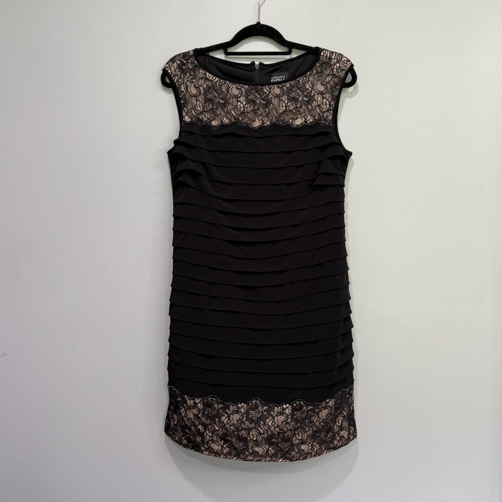Adrianna Papell Womens Black Tiered Ruffle Lace Sheath Cocktail Dress 12